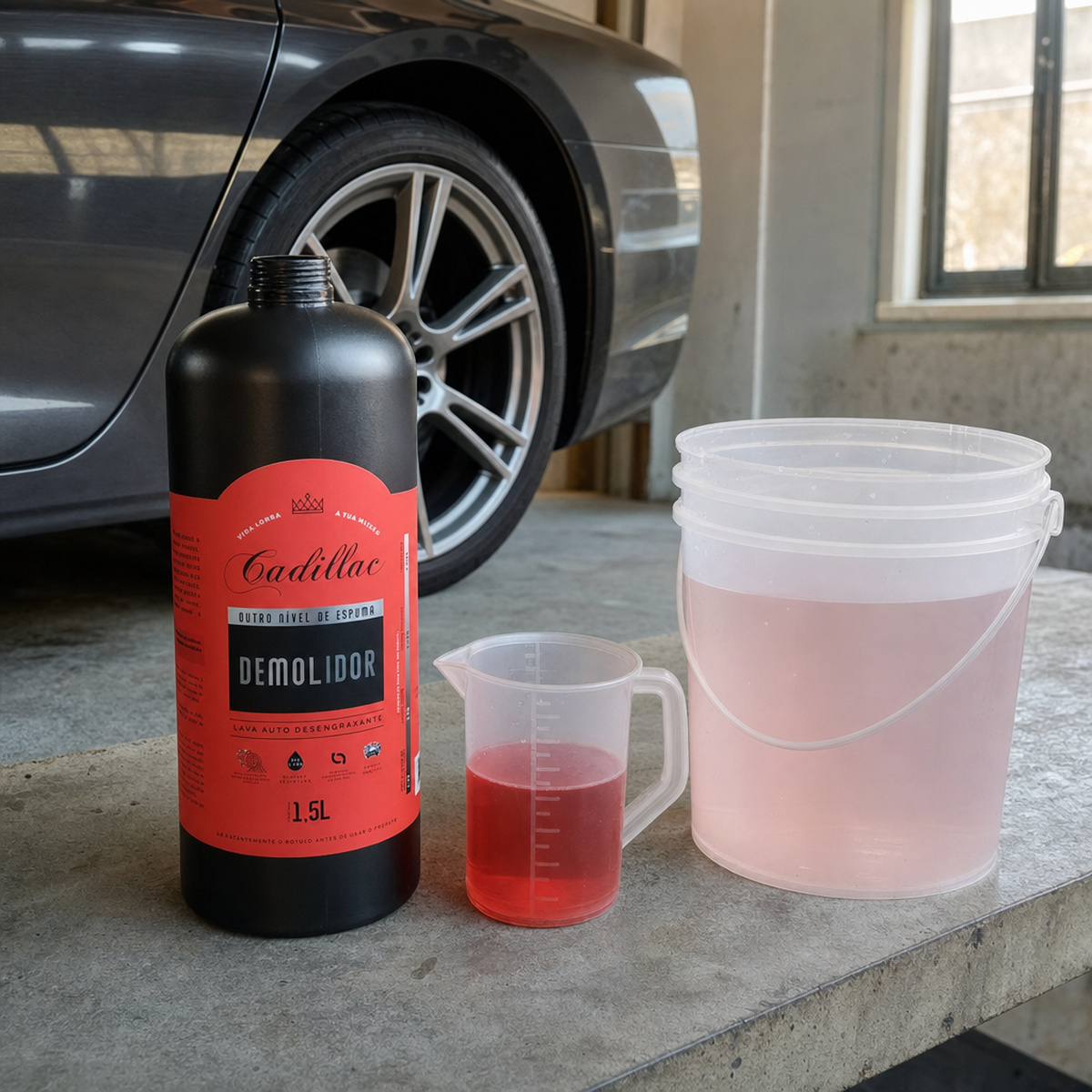 O concentrado é vermelho forte; diluído no balde, fica cor-de-rosa clara. Se a sua mistura está vermelha, está forte demais.