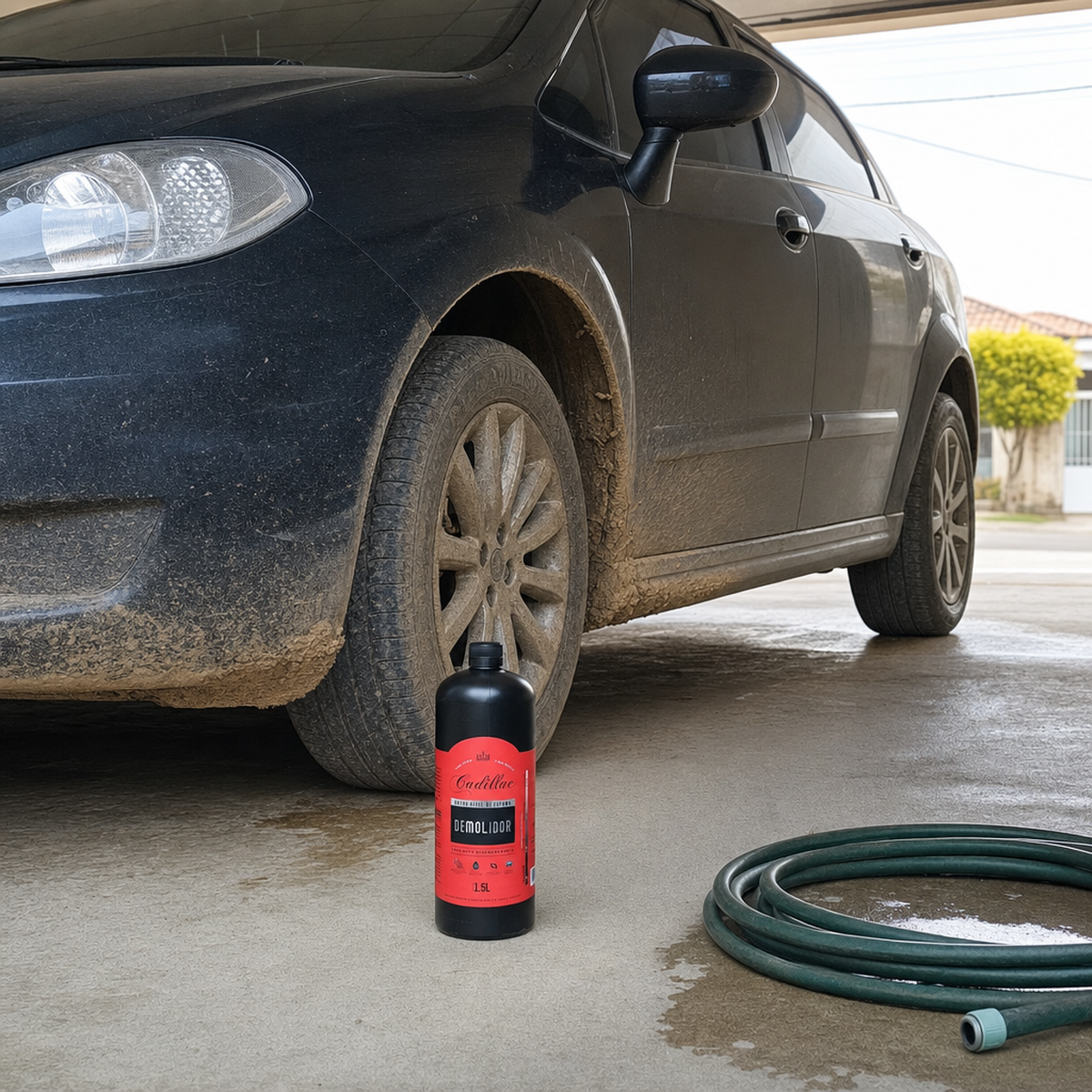 O carro como ele chega: barro seco na caixa de roda e no rodapé.